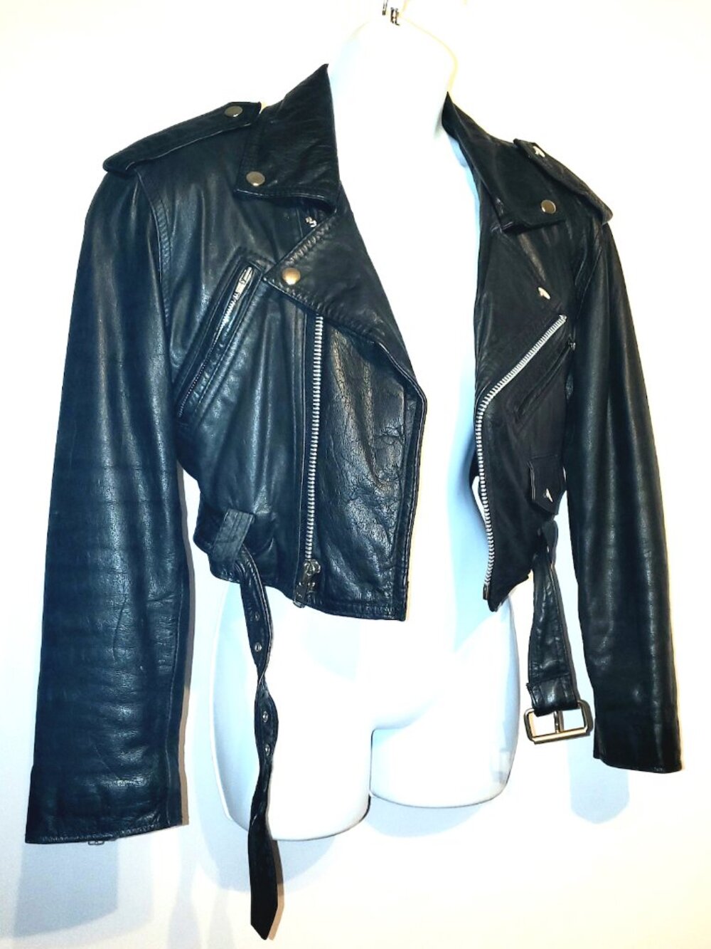 Vintage 90s Contempo Casuals Black Leather Cropped Padded Jacket Small